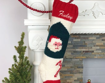 Christmas Stocking Knit Santa Personalized Candy Cane Custom Bernat Red White Green Embroidered Wool Monogrammed Sock