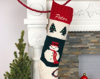 Christmas Stocking Personalized Knit Wool Custom Bernat Snowman Embroidered Wool Monogrammed Sock