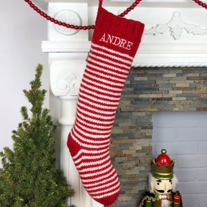 Christmas Stocking Personalized Striped Knit Christmas Stocking Custom Red White Striped holiday sock