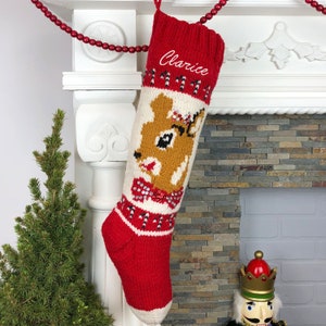 Personalized Knit Christmas Stocking For Girls Knit Wool Custom Holiday Reindeer Girls Sock image 1