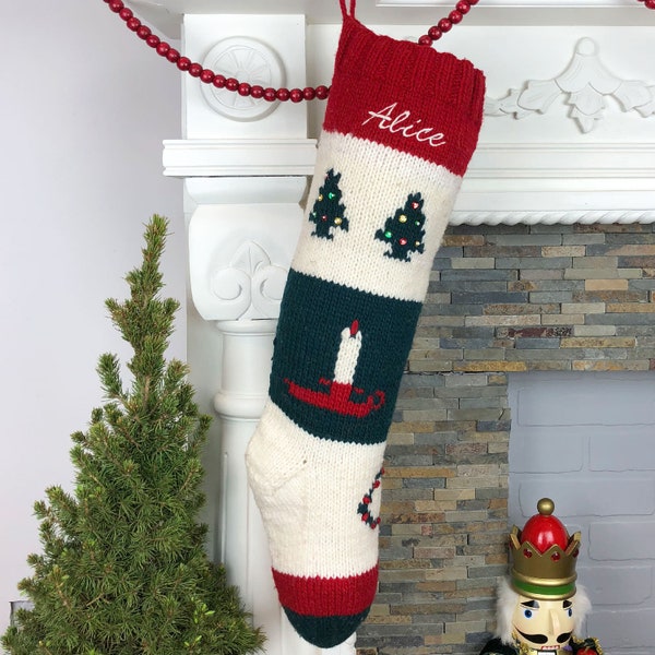 Christmas Stocking knit Candle Tree Personalized Bernat Custom Wool Embroidered Vintage Style Holiday Sock