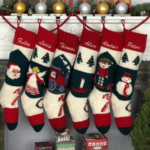 Personalized Christmas stockings hand knit wool vintage Santa sock Red White Green Vintage Style Bernat Stockings image 9