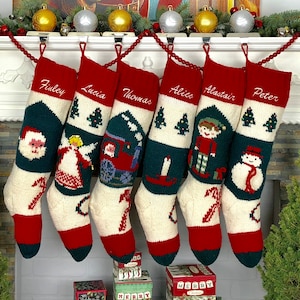 Personalized Christmas stockings hand knit wool vintage Santa sock Red White Green Vintage Style Bernat Stockings image 10