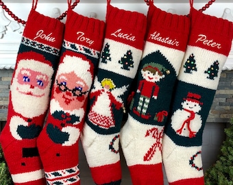 Bas de Noël personnalisé tricot laine Bernat vintage Mary Maxim Santa famille bas personnalisé bas de Noël