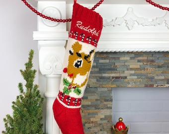 Personalized Knit reindeer Christmas Stocking Hand Knitted Wool Sock