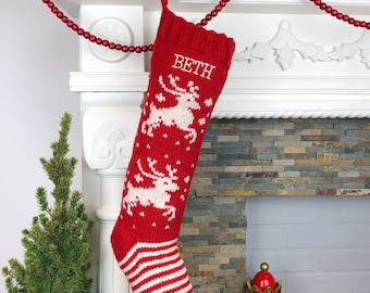 Christmas Stocking Personalized Knit Red White Reindeer Custom