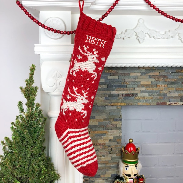 Christmas Stocking Personalized Knit Red White Reindeer Custom