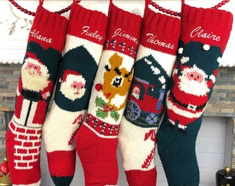 Christmas Stockings Personalized, Knit Wool Santa Stocking, Bernat Stocking, Santa Chimney Mary Maxim Custom Stockings Train