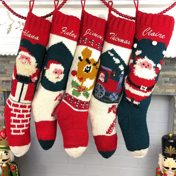 Christmas Stockings Personalized, Knit Wool Santa Stocking, Bernat Stocking, Santa Chimney Mary Maxim Custom Stockings Train