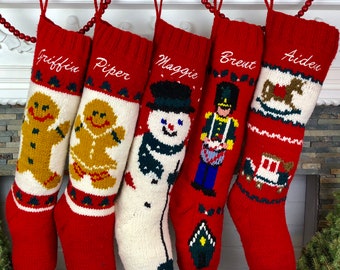 Personalized Christmas Stocking Hand Knit Wool Xmas Holiday decor personalised Snowman Mary Maxim Stockings