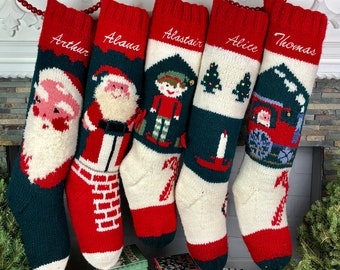 Personalized Hand Knit Christmas Stocking: Wool Santa, Elf, Train