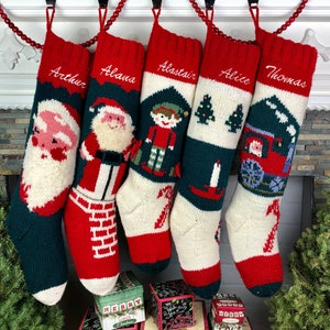 Christmas Stockings Personalized, Custom Knit Santa Stockings Kris Kringle Santa Bernat Train Stockings