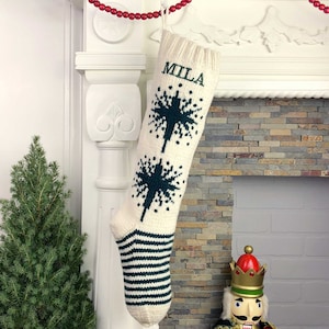 Personalized Christmas Stocking / Hand Knit Christmas Stocking - White Green Star Stocking