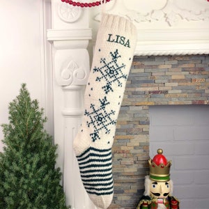 Personalized Christmas Stocking / Hand Knit Christmas Stocking - White and Green Snowflake Sock