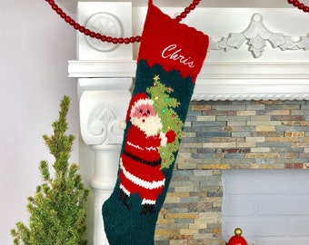 Knitted Christmas Stockings / Personalized Wool Christmas Stocking / Vintage Style Christmas Stocking / Embroidered Wool Stocking