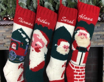 Bas de Noël personnalisés, bas de Noël tricotés à la main, chaussettes de Père Noël vintage en laine tricotées à la main