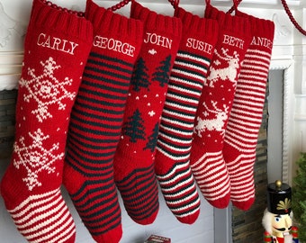 Personalized Christmas Stockings Hand Knit Wool Stockings Red and White