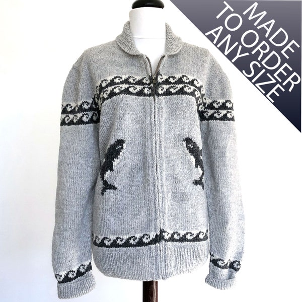 Black Fish Whale Cowichan Sweater Hand Knit Wool Made to Order