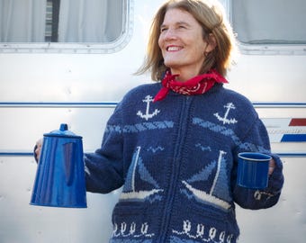 Mary Maxim Sailing Time Cardigan Sweater Mens Womens anchor sweater made to order