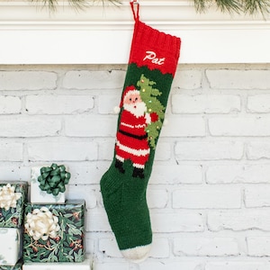 Può includere: Una calza natalizia in maglia verde e rossa con un'immagine di Babbo Natale che trasporta un albero di Natale verde. Il risvolto superiore è rosso con il nome Pat ricamato in corsivo bianco. La calza è dotata di un occhiello per appenderla.