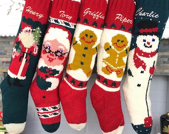 Hand Knit Wool Christmas Stocking: Personalized Santa, Snowman, or Gingerbread