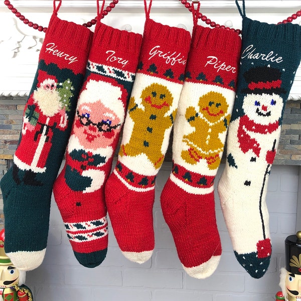 Christmas Stockings Knit, Personalized Wool Stockings, Mary Maxim Stockings, Hand Knit Stockings, Gingerbread Stockings, Santa Stockings