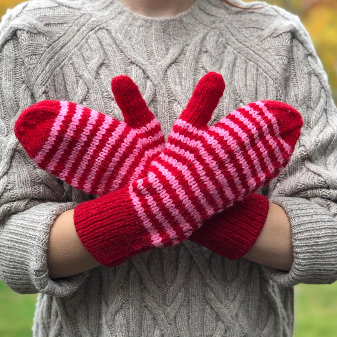 Wool mittens hand knit gifts stocking stuffer Gifts Under 35 Pink and Red Striped image 1