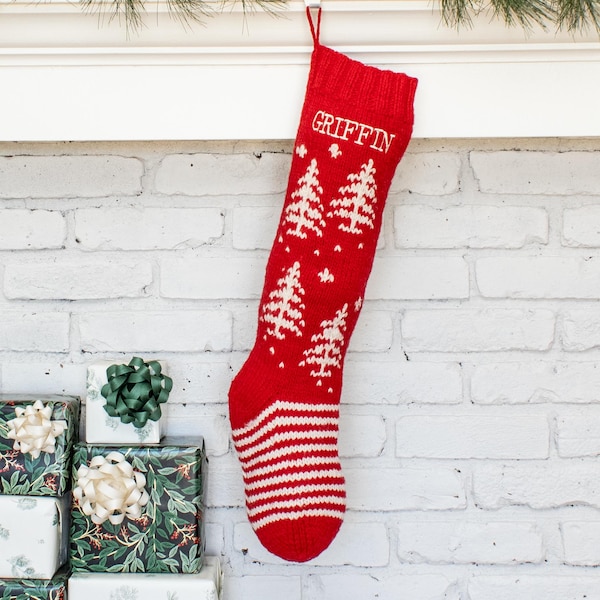Hand Knit Wool Christmas Stocking: Personalized Embroidered Tree Design