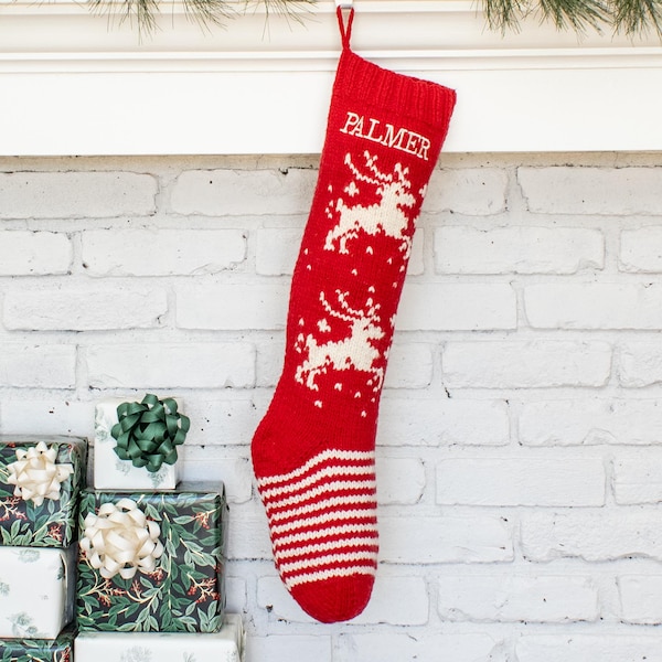 Christmas Stocking Personalized Knit Red White Reindeer Custom