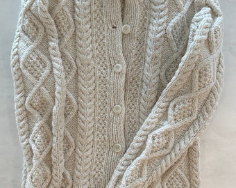 Irish Fisherman Sweater Cabled Wool Hand Knitted Cardigan Jumper - cream