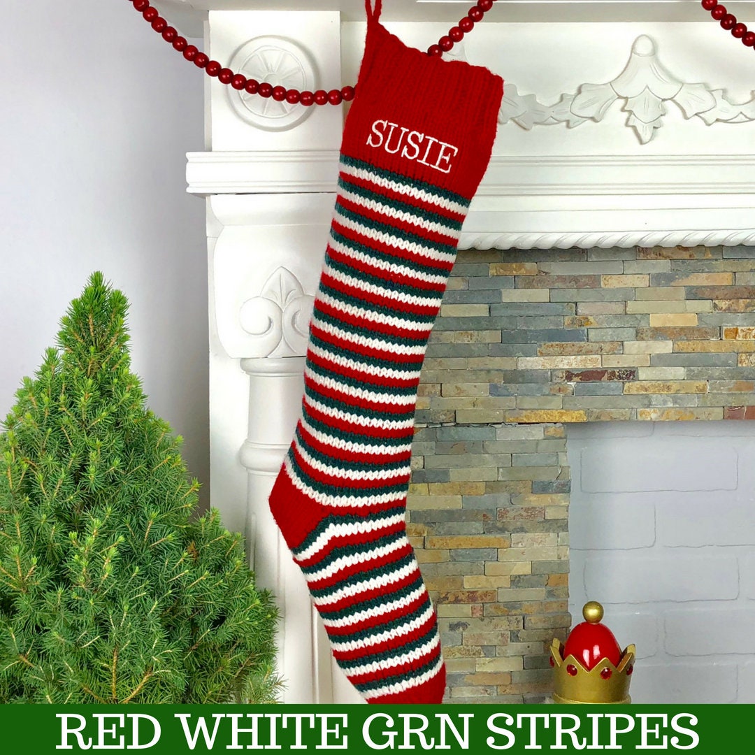 Christmas Stocking Knit Personalized Red White Green Stripes Etsy