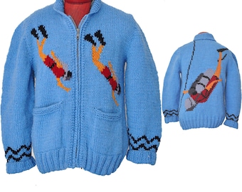 Hand Knit Wool Cardigan: Skin Diver Sweater, Mary Maxim Design