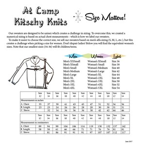 May include: A size chart for unisex sweaters, showing measurements in inches and centimeters. The chart includes men's and women's sizes, with corresponding label sizes. The chart also includes a diagram of a sweater with measurements labeled A, B, and C.