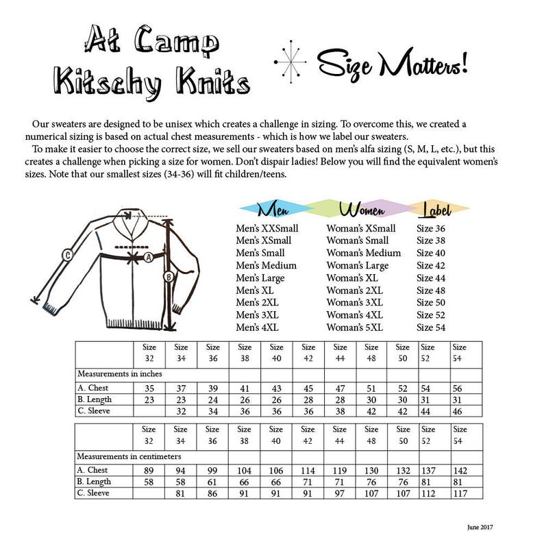 May include: A size chart for unisex sweaters, showing measurements in inches and centimeters. The chart includes men's and women's sizes, with corresponding label sizes. The chart also includes a diagram of a sweater with measurements labeled A, B, and C.