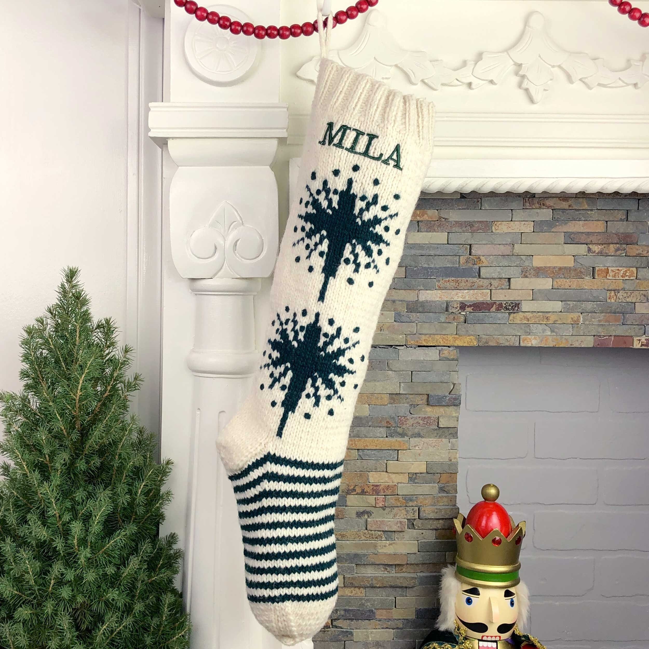 Personalized Christmas Stocking / Hand Knit Christmas Stocking - White Green Star Stocking