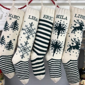 Christmas Stockings Personalized , Knit Wool Fair Isle Stockings, Custom Stockings, White and Green Stockings, Hand Knit Holiday Stockings