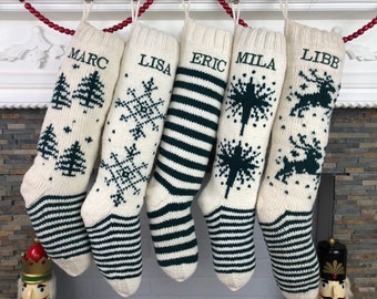 Christmas Stockings Personalized , Knit Wool Fair Isle Stockings, Custom Stockings, White and Green Stockings, Hand Knit Holiday Stockings