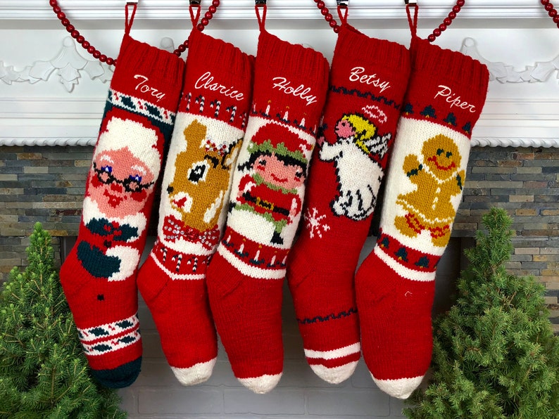 Personalized Knit Christmas Stocking For Girls Knit Wool Custom Holiday Reindeer Girls Sock image 6