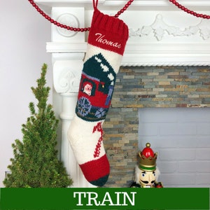 Personalized Christmas stockings hand knit wool vintage Santa sock Red White Green Vintage Style Bernat Stockings Train