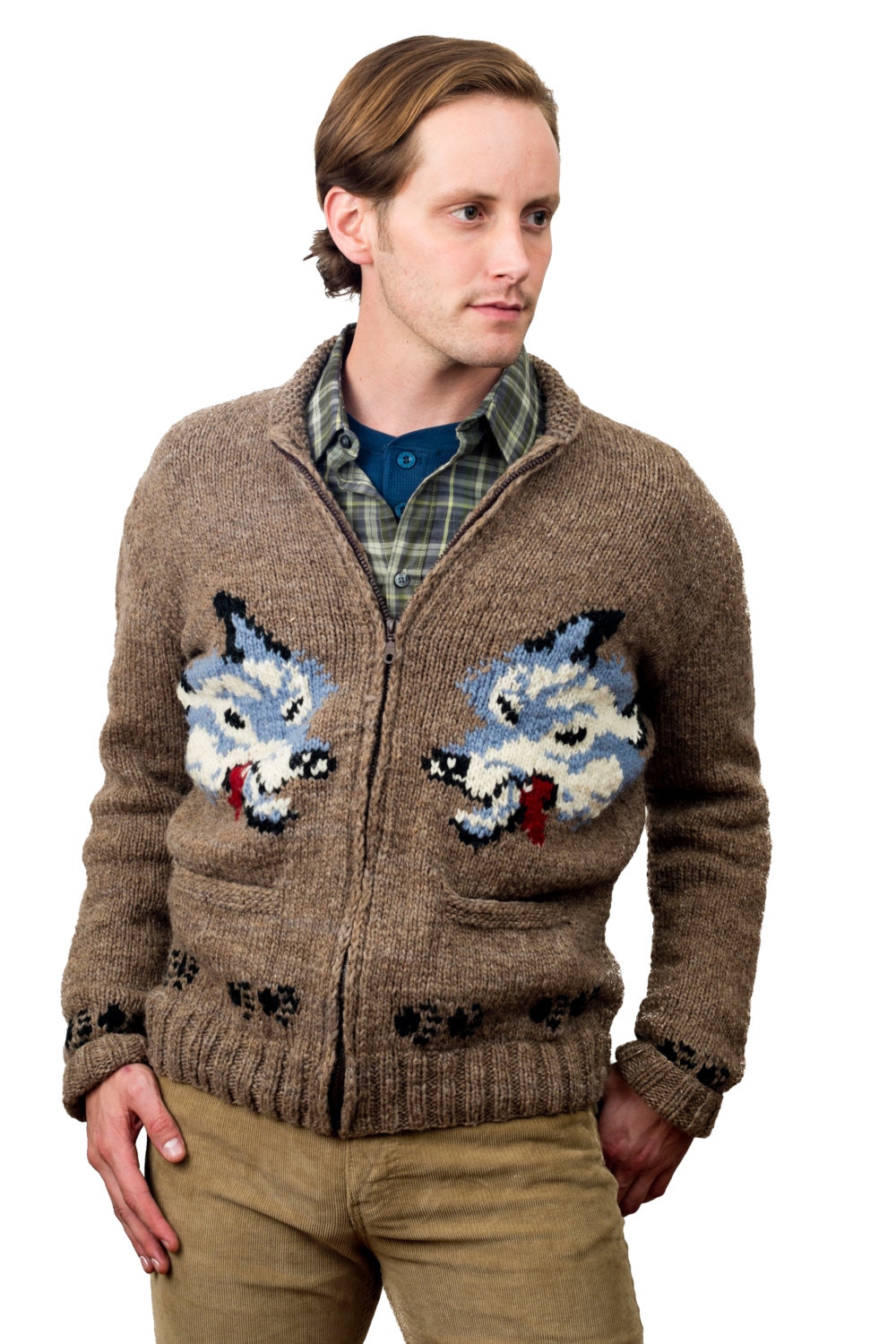 Wolf Sweater Cowichan Style Wool Cardigan Sweater Jumper