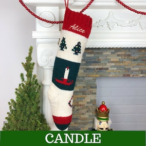 Personalized Christmas stockings hand knit wool vintage Santa sock Red White Green Vintage Style Bernat Stockings Candle