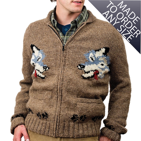 Wolf Sweater Cowichan Style Wool Cardigan Sweater Jumper Zipper