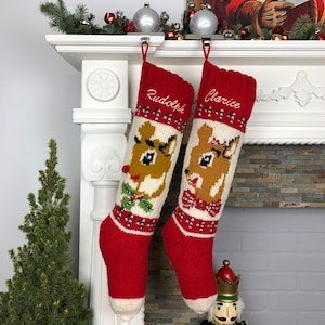 Personalized Knit Christmas Stocking For Girls Knit Wool Custom Holiday Reindeer Girls Sock image 4