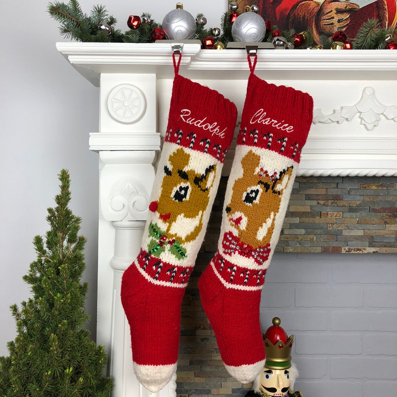 Personalized Knit Christmas Stocking For Girls Knit Wool Custom Holiday Reindeer Girls Sock image 4