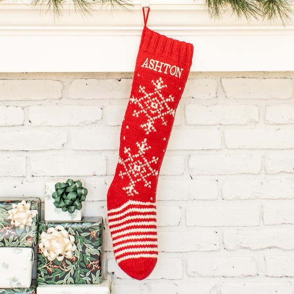 Hand Knit Wool Christmas Stocking: Personalized Snowflake Design