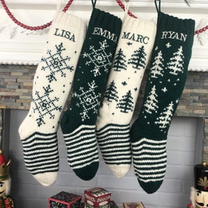 Christmas Stockings Personalized , Knit Wool Fair Isle Stockings, Custom Stockings, White and Green Stockings, Hand Knit Holiday Stockings