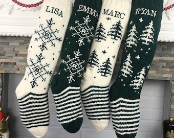 Christmas Stockings Personalized , Knit Wool Fair Isle Stockings, Custom Stockings, White and Green Stockings, Hand Knit Holiday Stockings