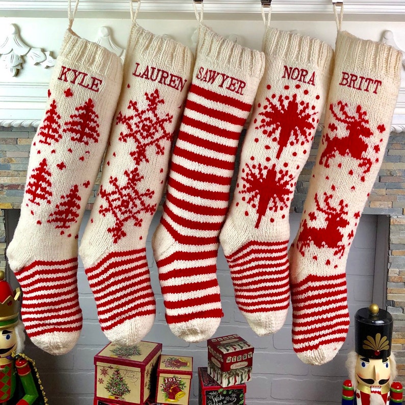 Personalized Christmas Stockings Hand Knit Wool Stockings White With Red Accents image 1