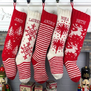 Personalized Christmas Stockings Hand Knit Wool Stockings White Red