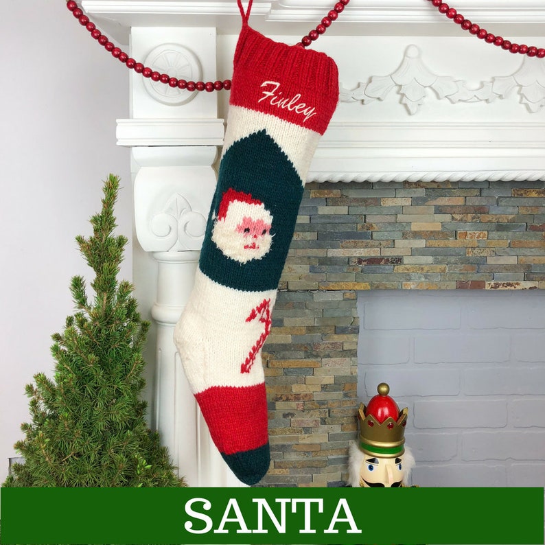 Personalized Christmas stockings hand knit wool vintage Santa sock Red White Green Vintage Style Bernat Stockings Santa